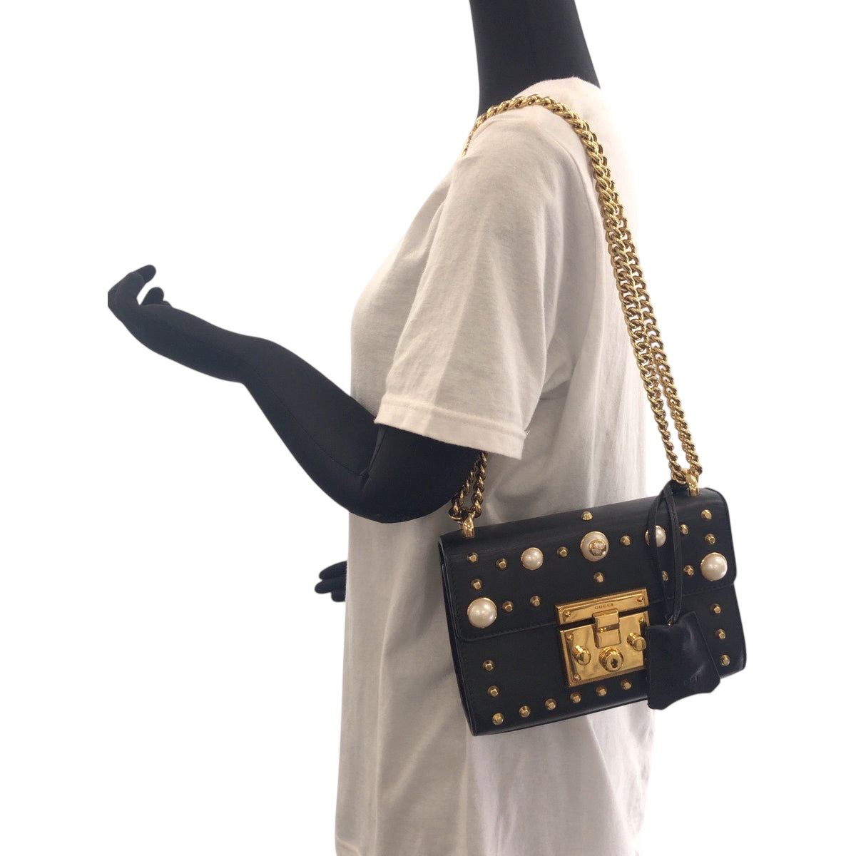GUCCI Shoulder Bag 432182 leather Black Gold Metal ChainShoulder Bag Pochette Studs Pearl Women Used Authentic