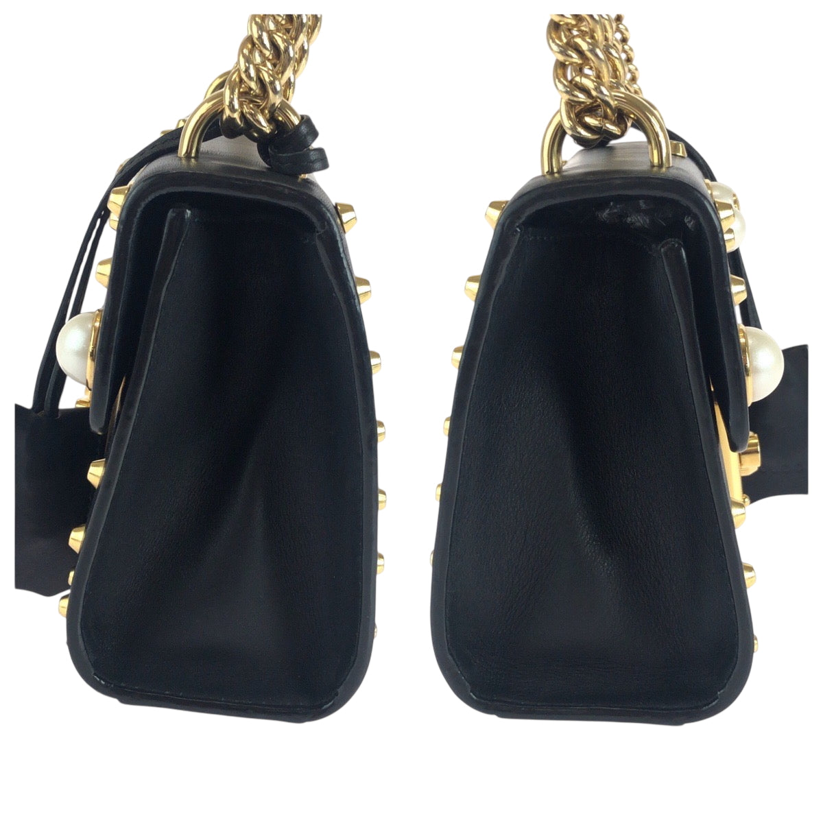 GUCCI Shoulder Bag 432182 leather Black Gold Metal ChainShoulder Bag Pochette Studs Pearl Women Used Authentic