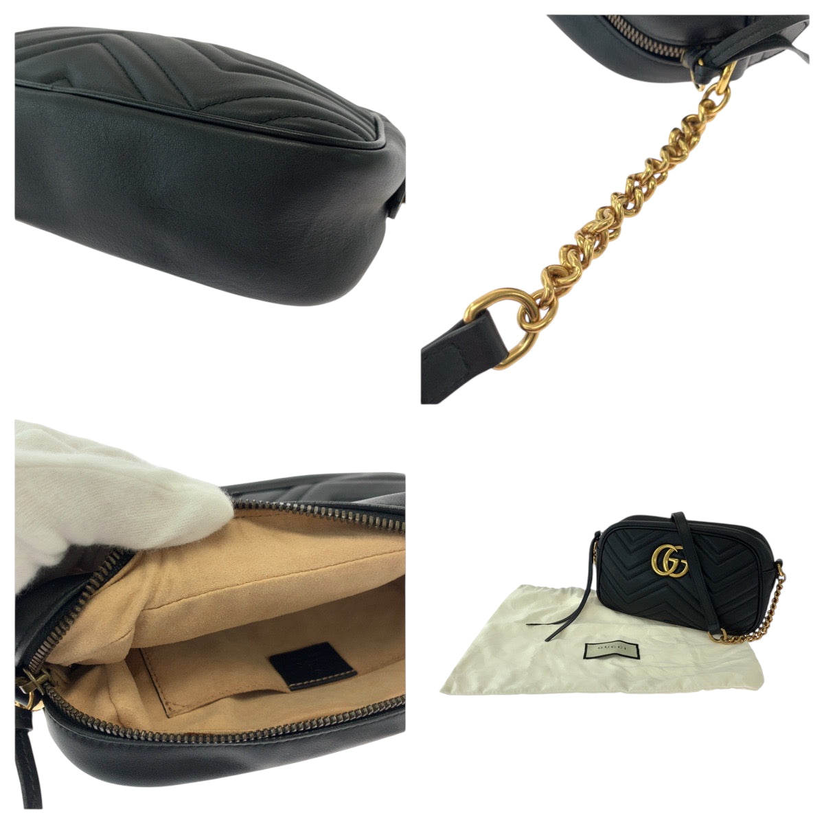 GUCCI Shoulder Bag 447632 leather Black GoldMetal GG Marmont quilting