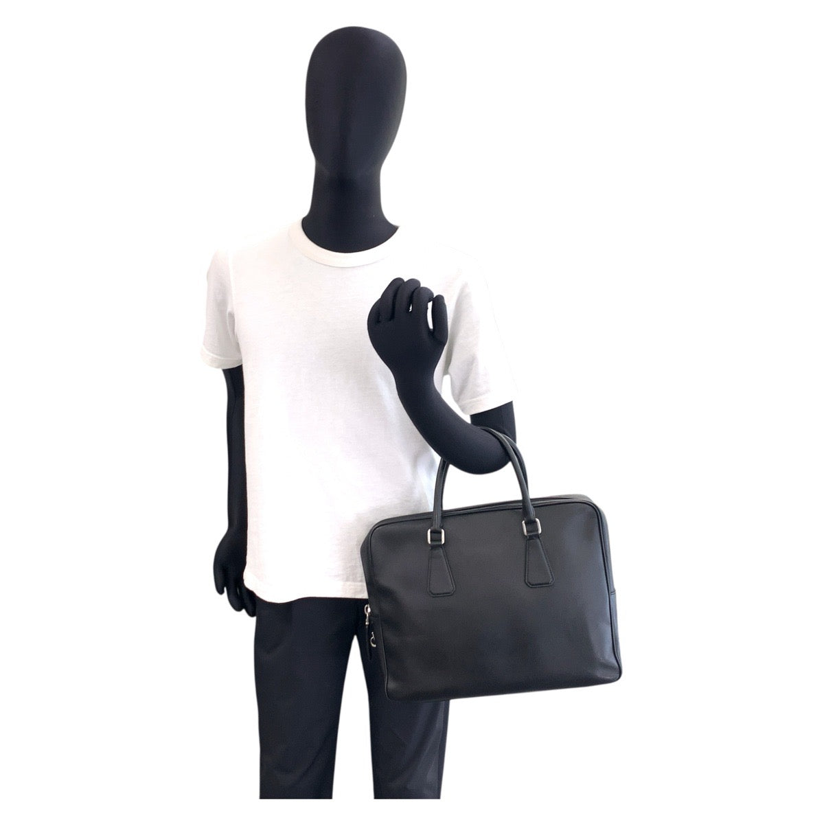PRADA Business bag leather Black SilverMetal Business bag briefcase Safiano mens Used Authentic