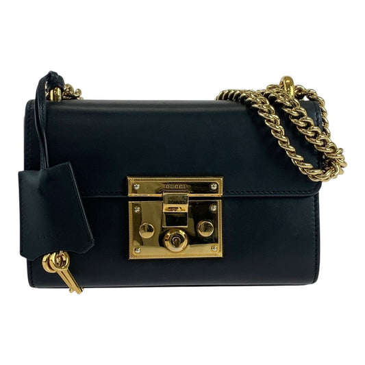 GUCCI Shoulder Bag 409487 leather Black GoldMetal ChainShoulder Bag Padlock Women Used Authentic