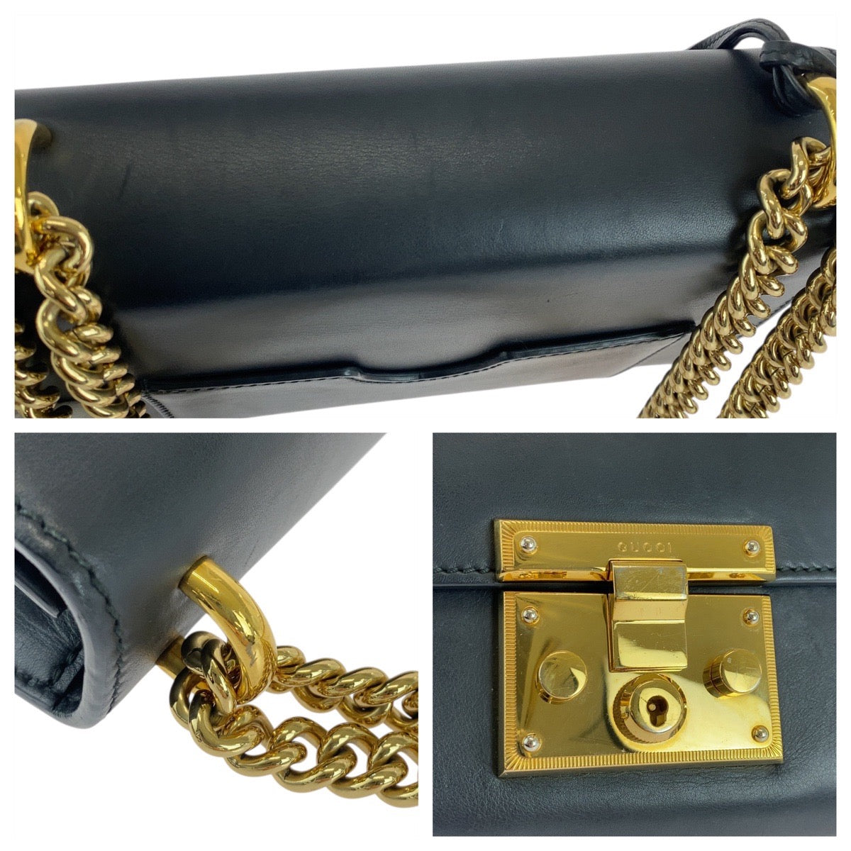 GUCCI Shoulder Bag 409487 leather Black GoldMetal ChainShoulder Bag Padlock Women Used Authentic