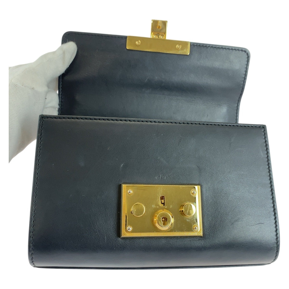 GUCCI Shoulder Bag 409487 leather Black GoldMetal ChainShoulder Bag Padlock Women Used Authentic