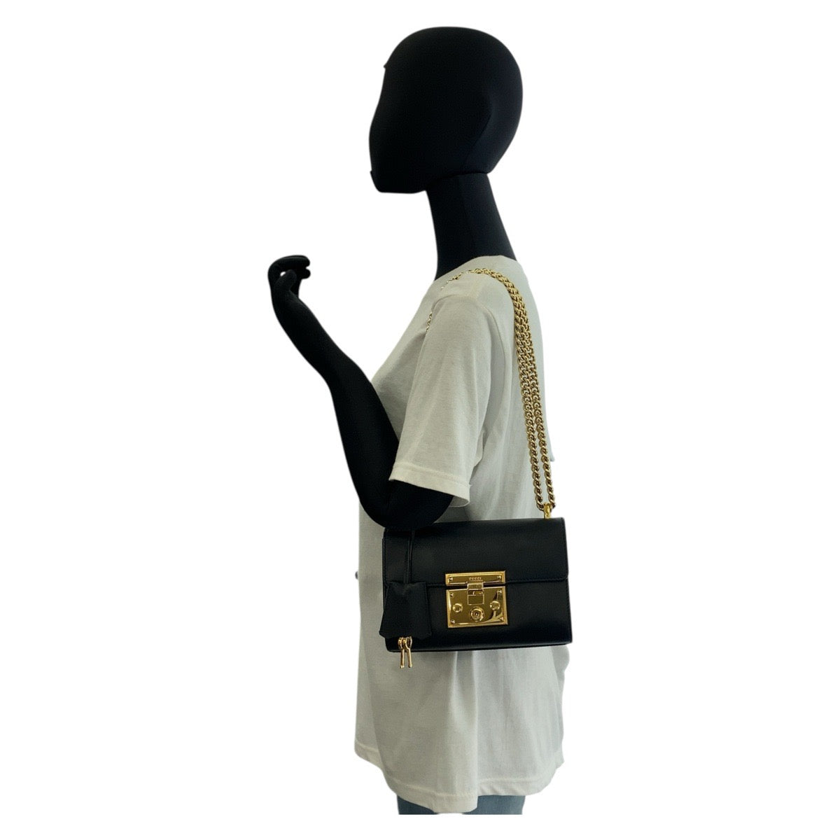 GUCCI Shoulder Bag 409487 leather Black GoldMetal ChainShoulder Bag Padlock Women Used Authentic