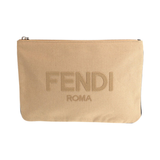 FENDI Clutch bag canvas Beige SilverMetal Clutch bag business bag pouch logo Women Used Authentic