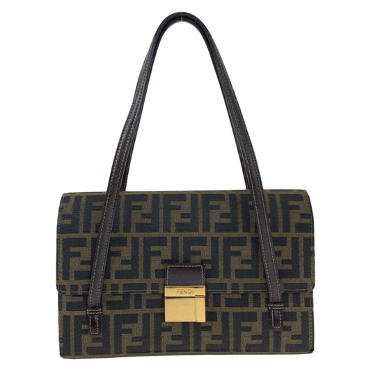 FENDI Shoulder Bag canvas Brown Gold Metal Shoulder Bag Handbag Zucca Pattern Women Used Authentic