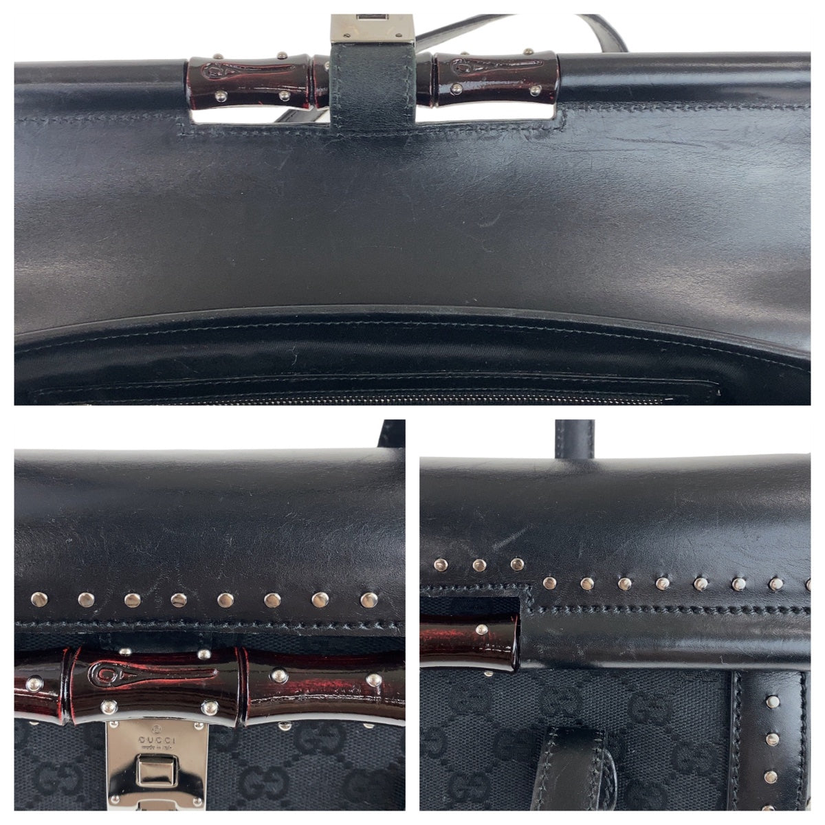 GUCCI Shoulder Bag 114993 GG canvas, leather Black SilverMetal Shoulder Bag Bamboo studs Women Used Authentic