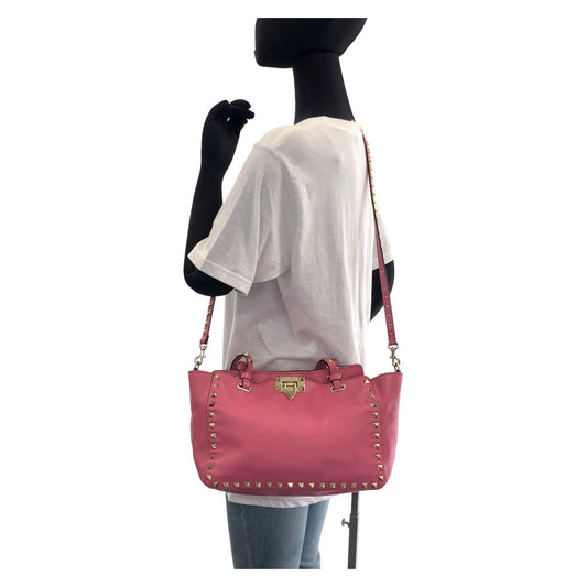 VALENTINO Handbag leather Pink Gold Metal Handbag Shoulder Bag 2way Rock studs Women Used Authentic