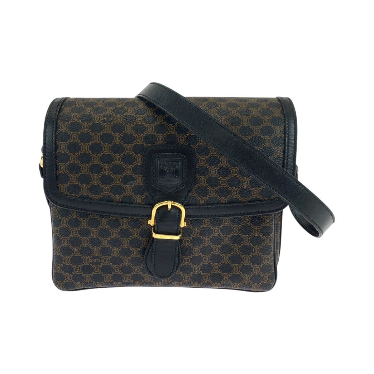 CELINE Shoulder Bag PVC Black Dark Brown Gold Metal Shoulder Bag pochette Macadam Women Used Authentic