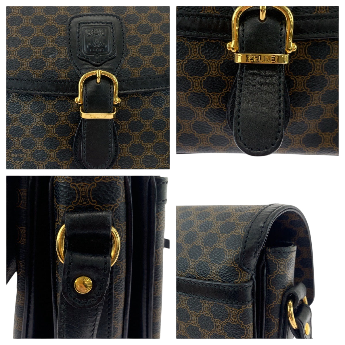 CELINE Shoulder Bag PVC Black Dark Brown Gold Metal Shoulder Bag pochette Macadam Women Used Authentic