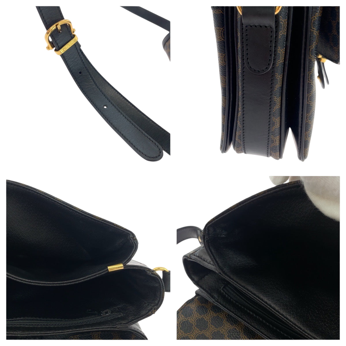 CELINE Shoulder Bag PVC Black Dark Brown Gold Metal Shoulder Bag pochette Macadam Women Used Authentic