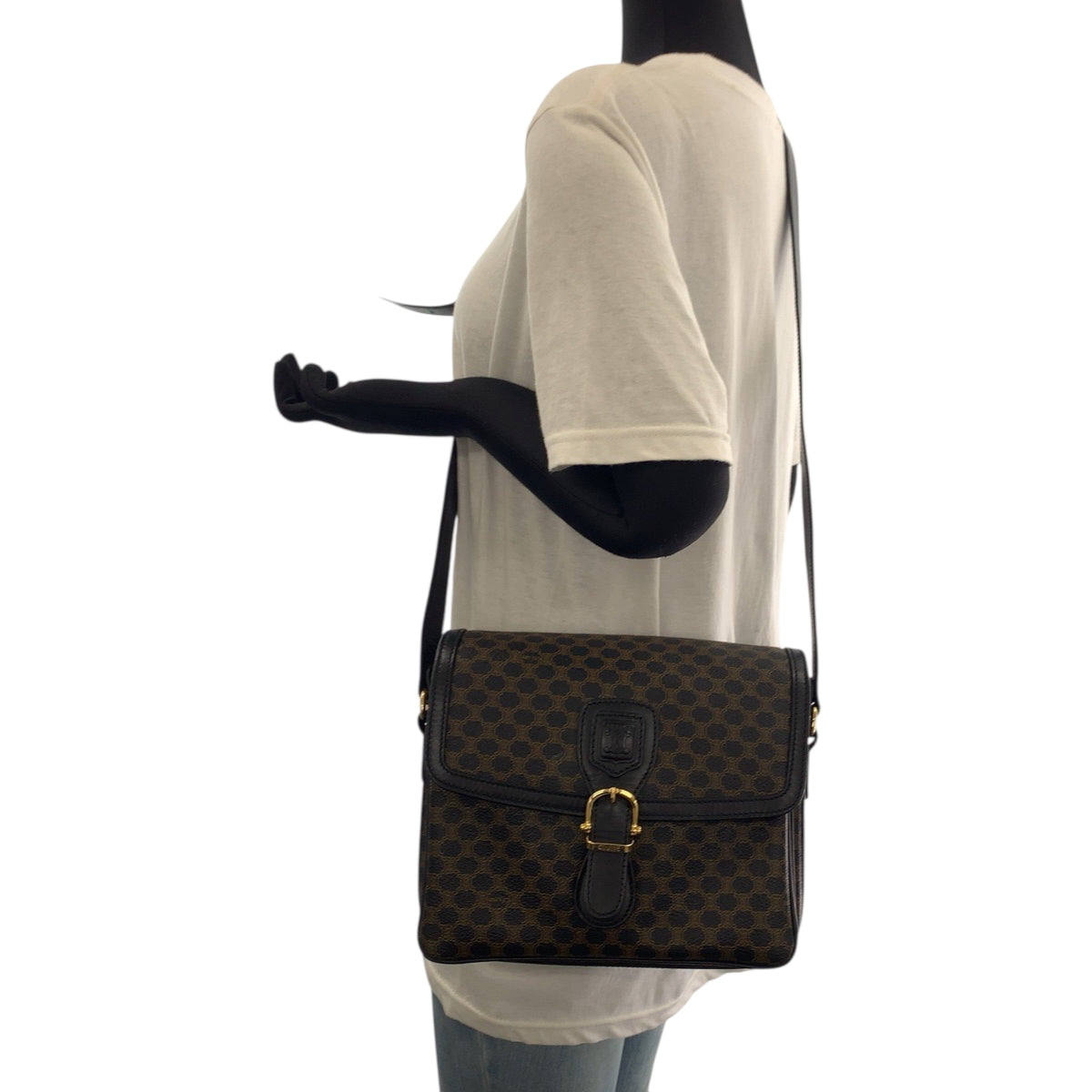 CELINE Shoulder Bag PVC Black Dark Brown Gold Metal Shoulder Bag pochette Macadam Women Used Authentic