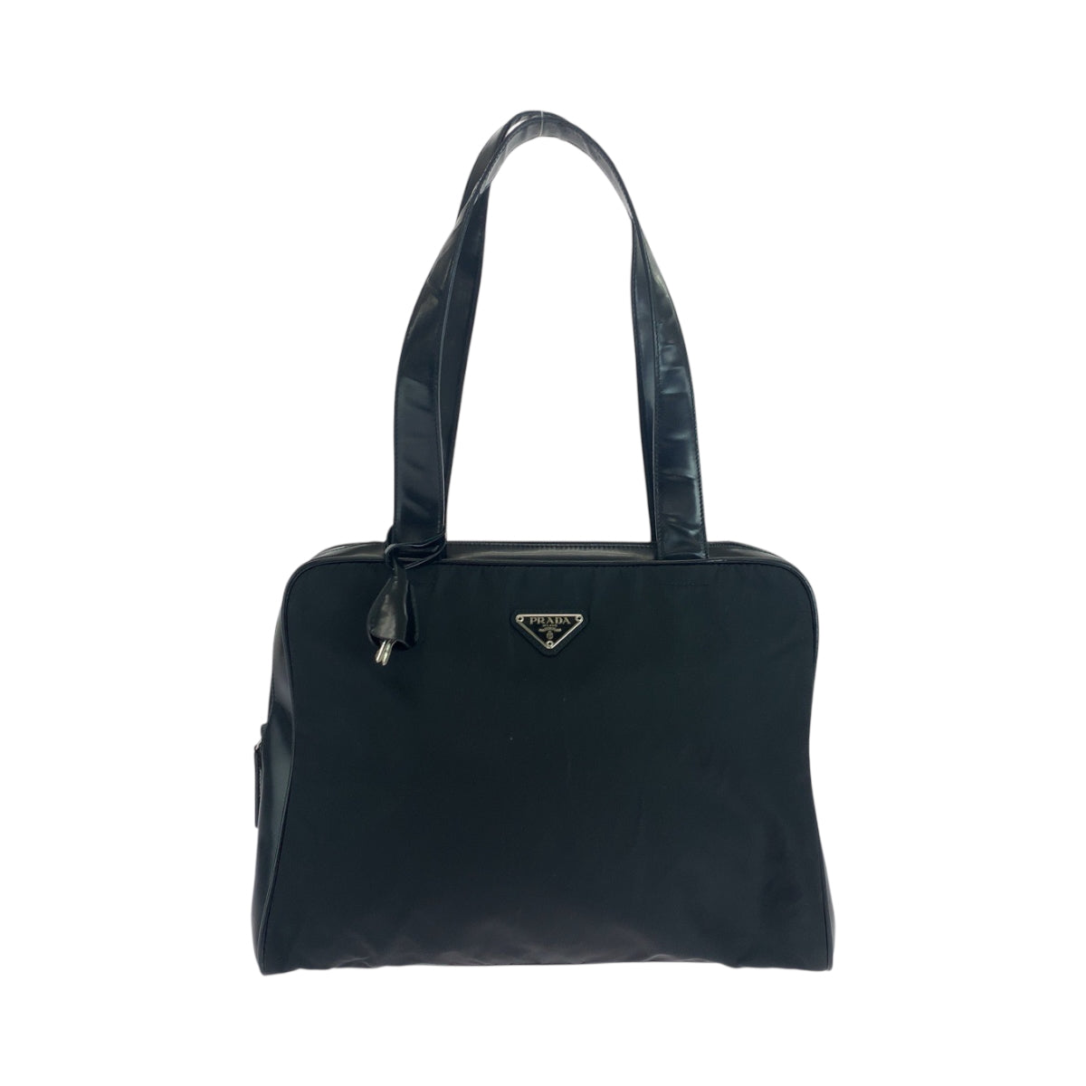 PRADA Tote Bag Nylon Black SilverMetal Tote Bag Shoulder Bag Test Triangle With logo Women Used Authentic