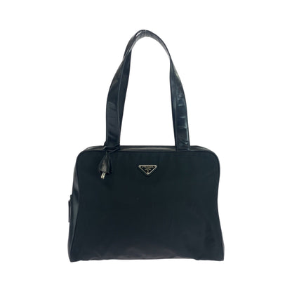 PRADA Tote Bag Nylon Black SilverMetal Tote Bag Shoulder Bag Test Triangle With logo Women Used Authentic