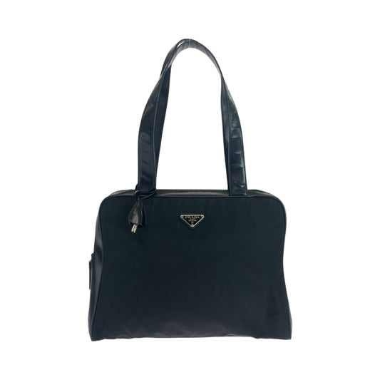 PRADA Tote Bag Nylon Black SilverMetal Tote Bag Shoulder Bag Test Triangle With logo Women Used Authentic