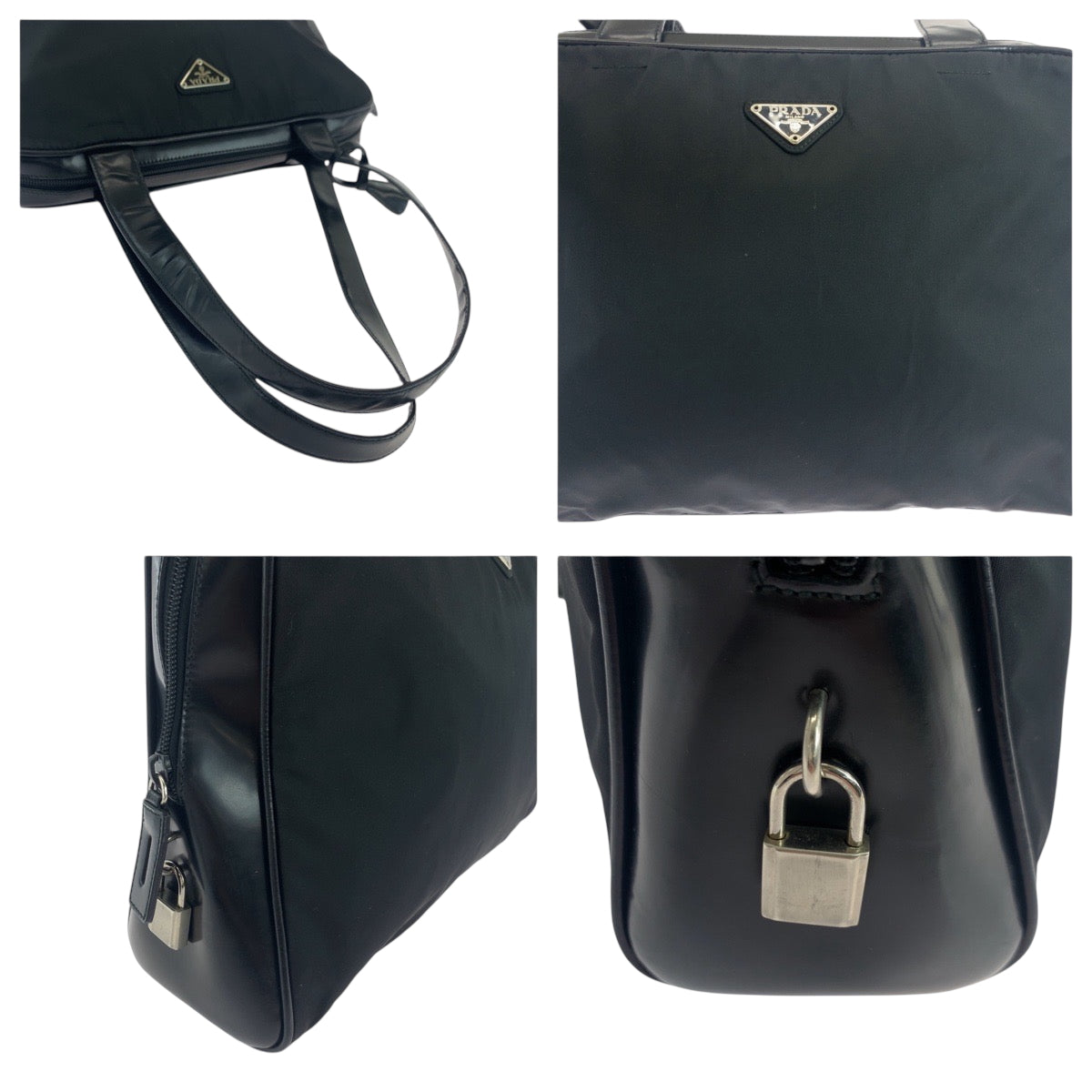 PRADA Tote Bag Nylon Black SilverMetal Tote Bag Shoulder Bag Test Triangle With logo Women Used Authentic