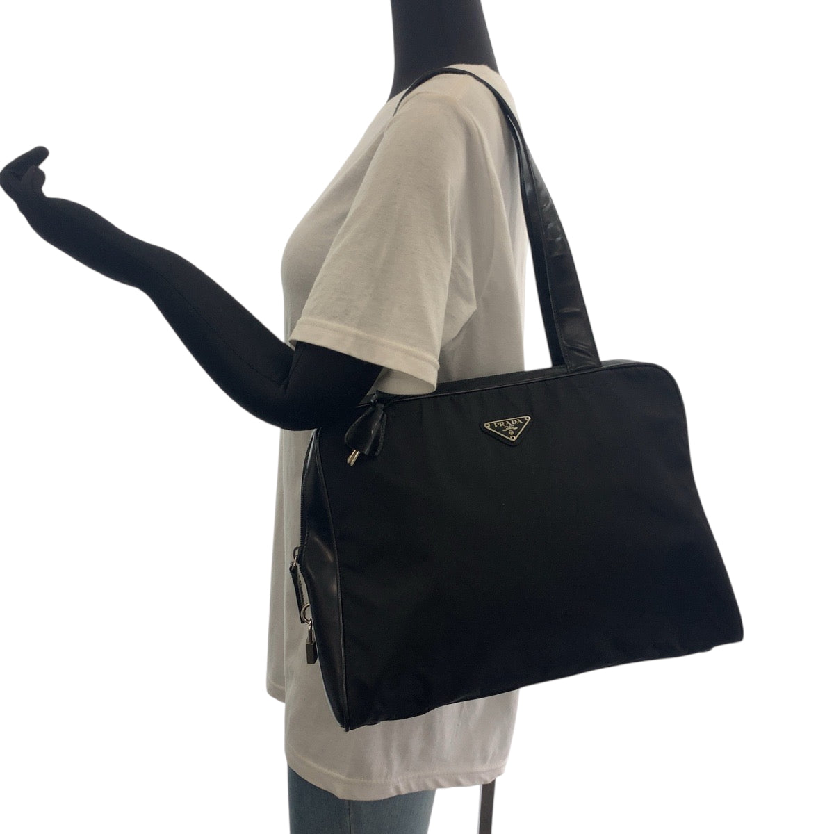 PRADA Tote Bag Nylon Black SilverMetal Tote Bag Shoulder Bag Test Triangle With logo Women Used Authentic