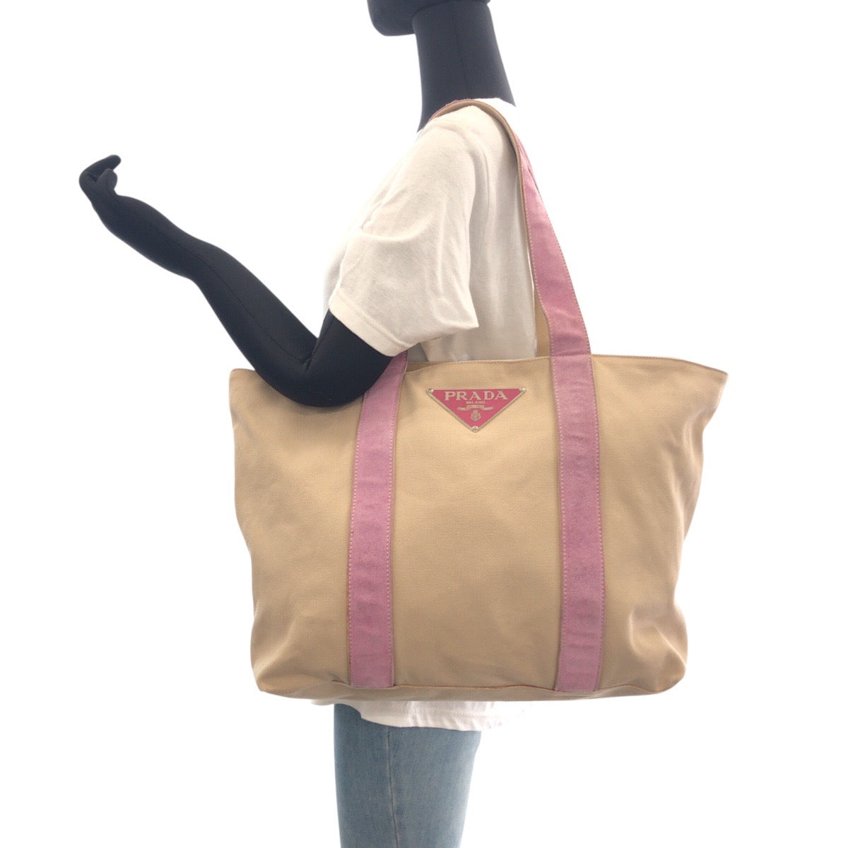 PRADA Tote Bag Canvas, Suede Beige pink Tote Bag Shoulder Bag Triangle With logo Women Used Authentic