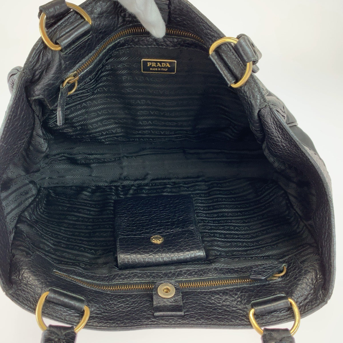 PRADA Handbag Leather, Nylon Black Gold Metal Handbag Shoulder Bag Vitello Dino Tessuto Triangle With logo Women Used Authentic