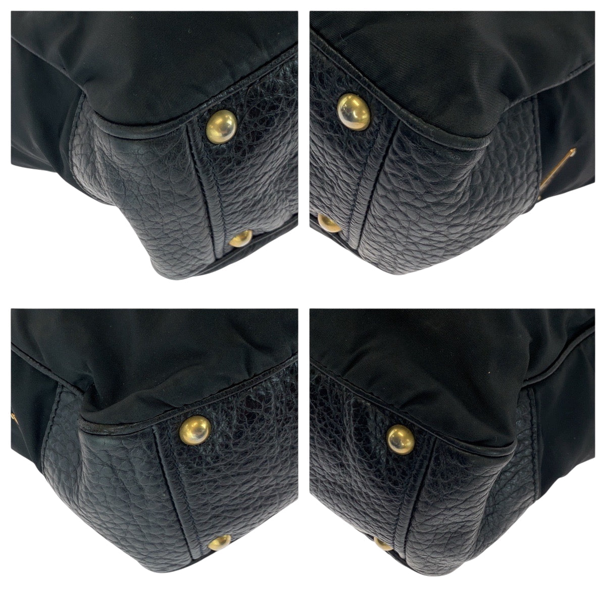 PRADA Handbag Leather, Nylon Black Gold Metal Handbag Shoulder Bag Vitello Dino Tessuto Triangle With logo Women Used Authentic