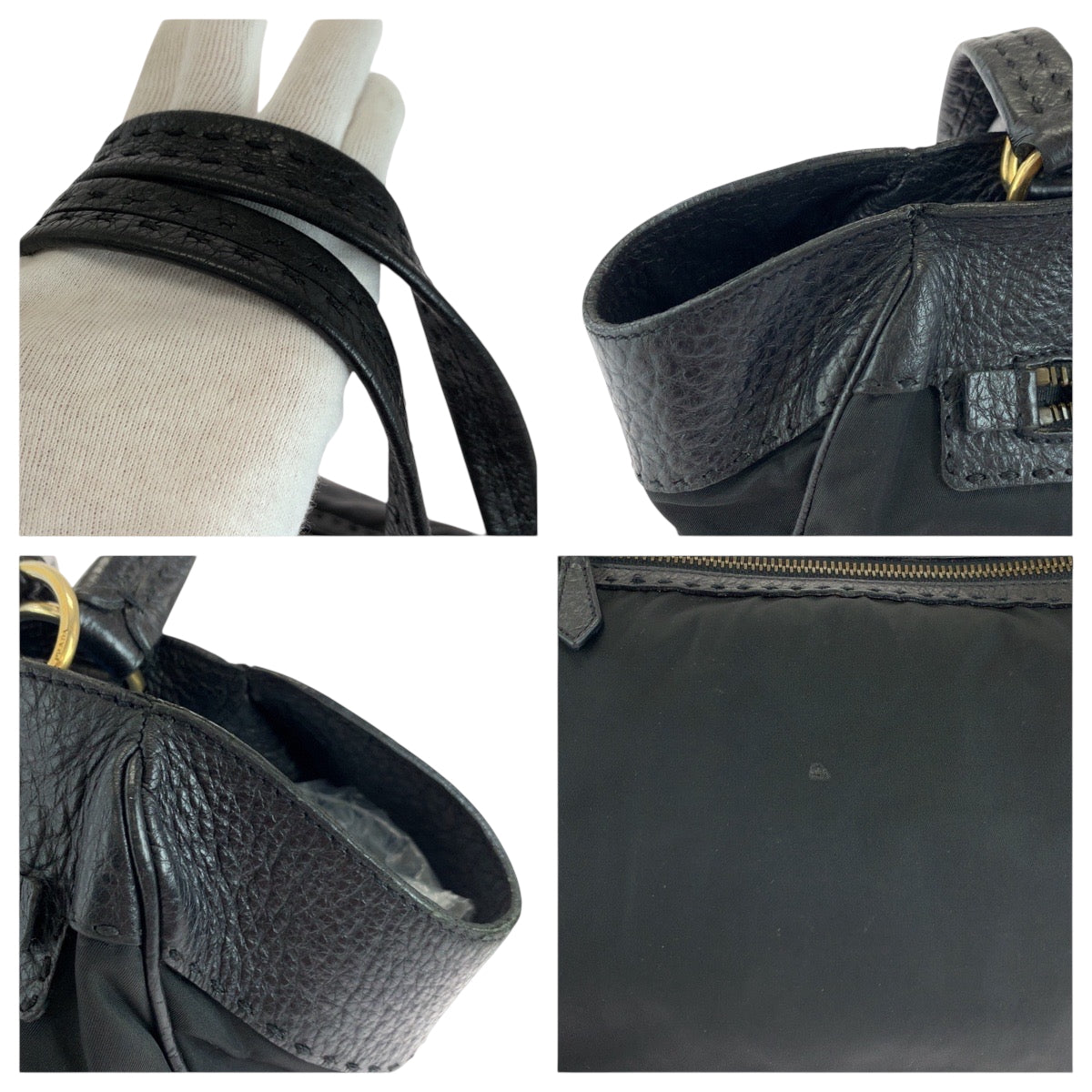 PRADA Handbag Leather, Nylon Black Gold Metal Handbag Shoulder Bag Vitello Dino Tessuto Triangle With logo Women Used Authentic
