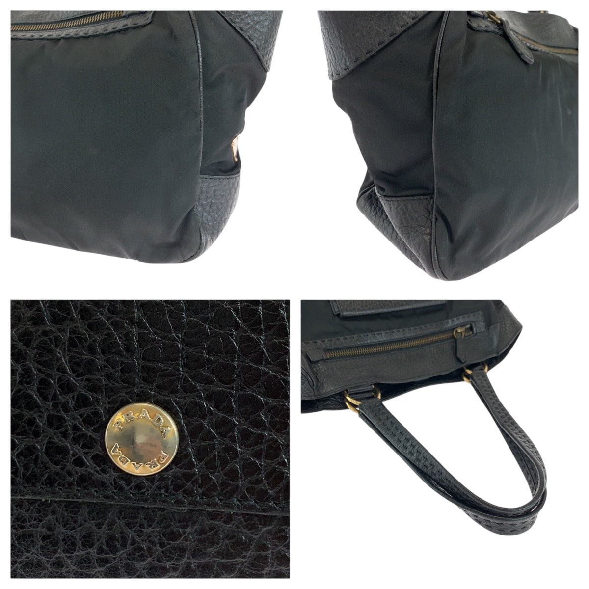PRADA Handbag Leather, Nylon Black Gold Metal Handbag Shoulder Bag Vitello Dino Tessuto Triangle With logo Women Used Authentic