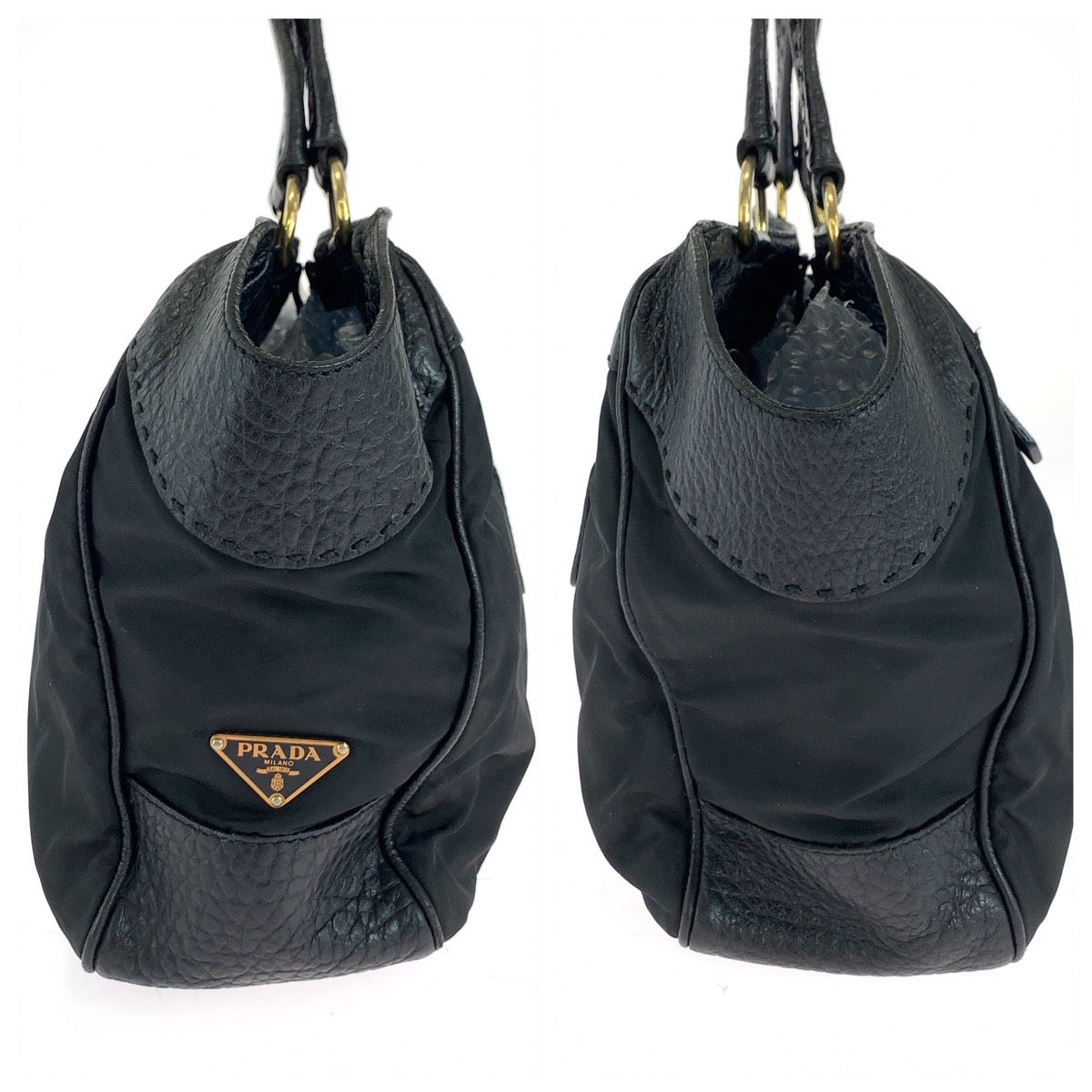 PRADA Handbag Leather, Nylon Black Gold Metal Handbag Shoulder Bag Vitello Dino Tessuto Triangle With logo Women Used Authentic