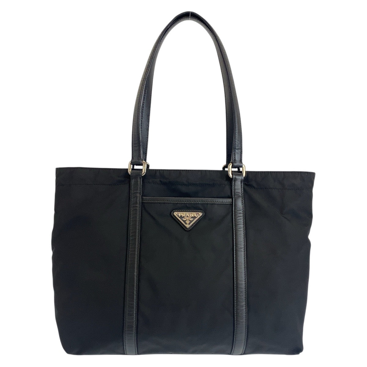 PRADA Tote Bag Nylon, Leather Black SilverMetal Tote Bag Shoulder Bag Test Triangle With logo Women Used Authentic