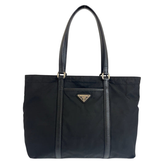 PRADA Tote Bag Nylon, Leather Black SilverMetal Tote Bag Shoulder Bag Test Triangle With logo Women Used Authentic
