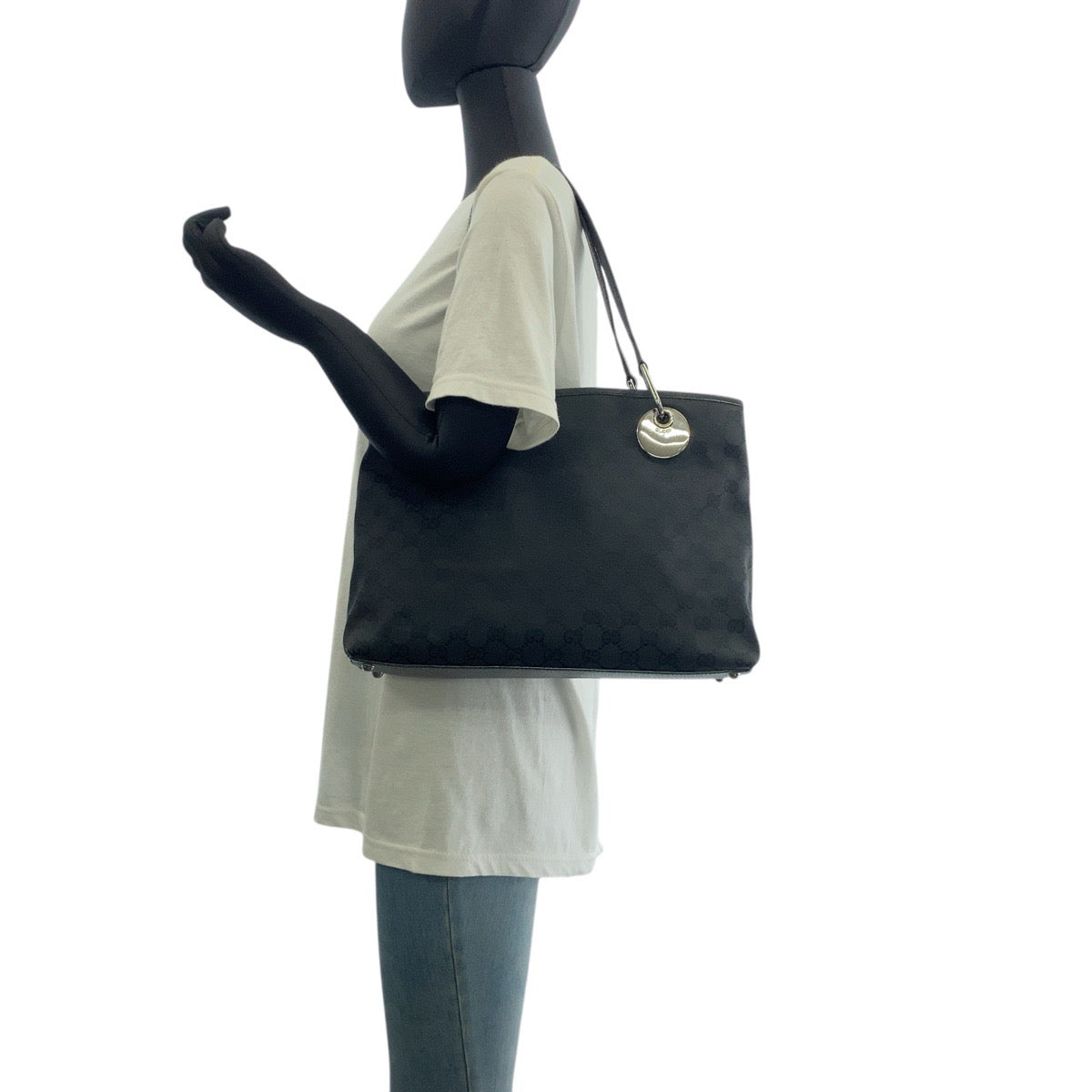 GUCCI Tote Bag 120837 GG canvas, leather Black SilverMetal Tote Bag Shoulder Bag Women Used Authentic