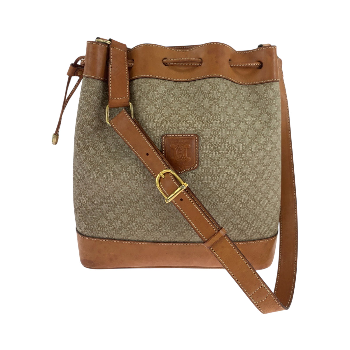 CELINE Shoulder Bag PVC Beige Brown Gold Metal Macadam