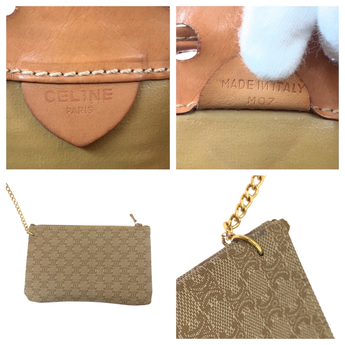 CELINE Shoulder Bag PVC Beige Brown Gold Metal Macadam