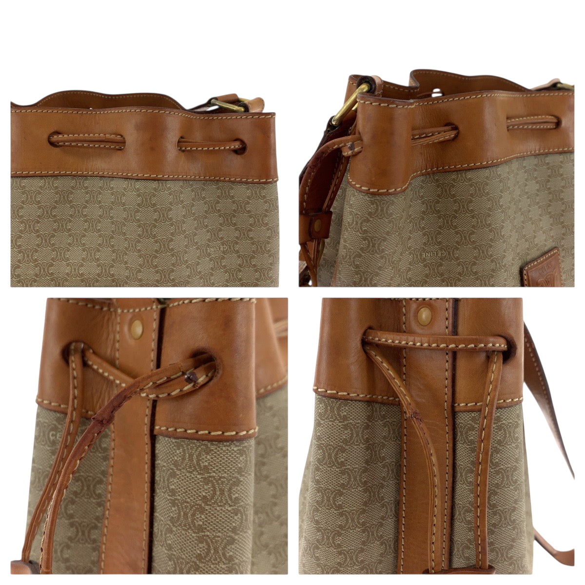 CELINE Shoulder Bag PVC Beige Brown Gold Metal Macadam
