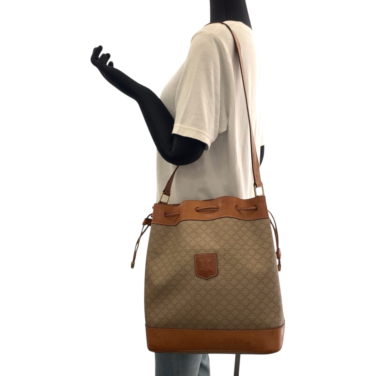 CELINE Shoulder Bag PVC Beige Brown Gold Metal Macadam