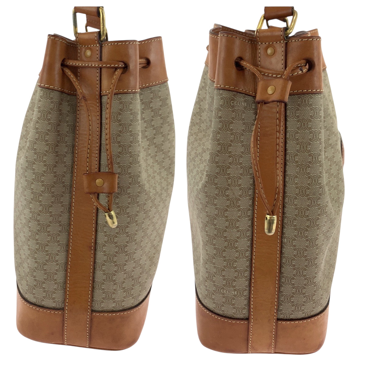CELINE Shoulder Bag PVC Beige Brown Gold Metal Macadam