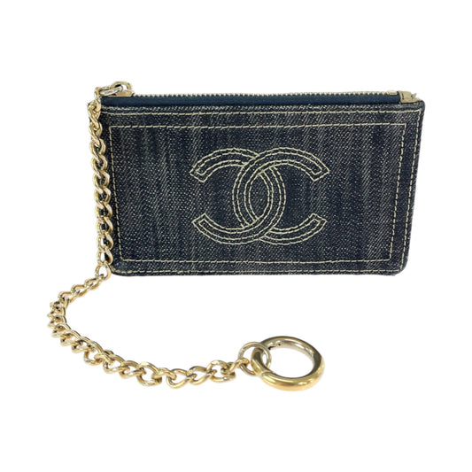 CHANEL Coin case denim Denim Blue Gold Metal Coin case with chain and coin pocket Sparkling denim COCO Mark Women Used Authentic