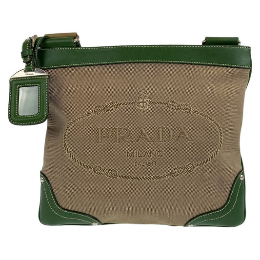 PRADA Shoulder Bag Canvas, Leather Beige Green SilverMetal Shoulder Bag Messenger bag Logo jacquard mens Used Authentic