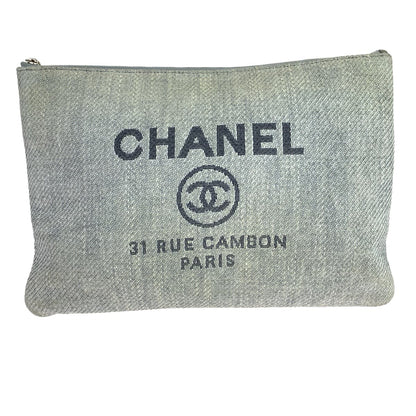 CHANEL Clutch bag canvas Grey SilverMetal Clutch bag business bag pouch Cruise line Deauville COCO Mark Women Used Authentic