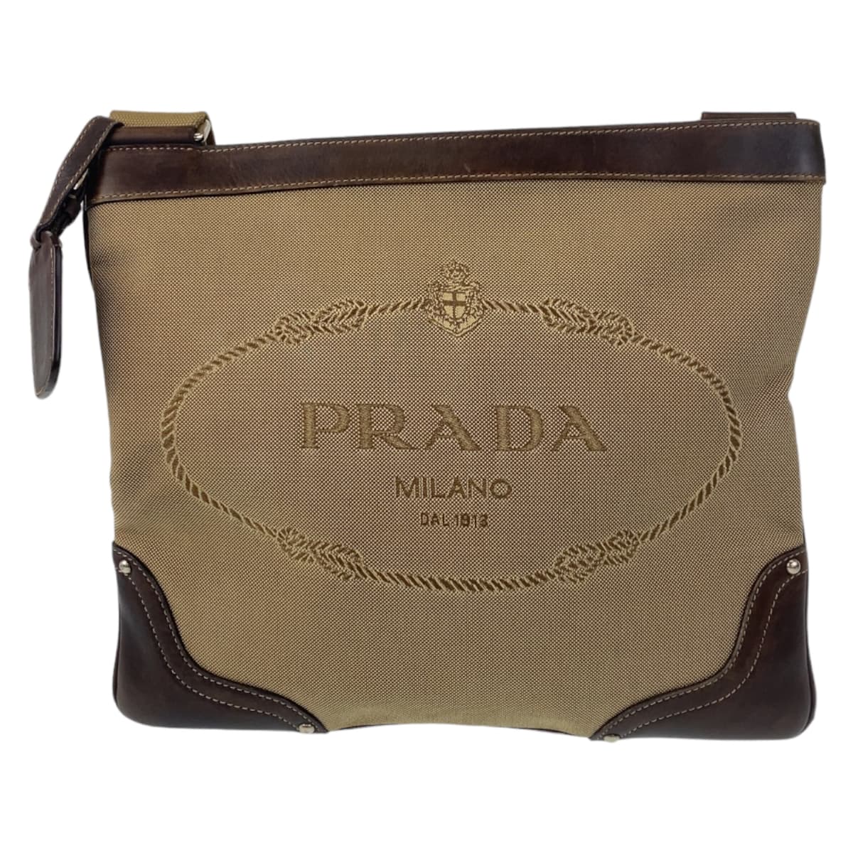PRADA Shoulder Bag canvas Beige Brown SilverMetal Shoulder Bag Messenger bag Logo jacquard Women(Unisex) Used Authentic