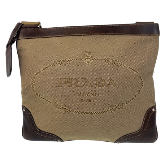 PRADA Shoulder Bag canvas Beige Brown SilverMetal Shoulder Bag Messenger bag Logo jacquard Women(Unisex) Used Authentic