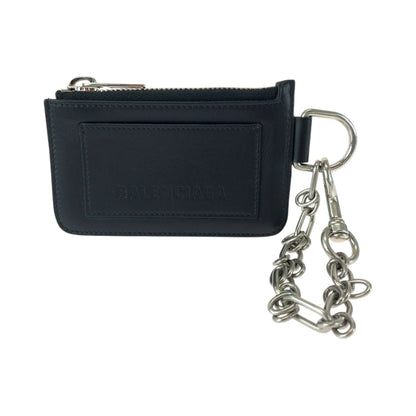 BALENCIAGA Coin case 655594 leather Black Silver Metal Chained Coin Case Fragment Case Card Case logo mens(Unisex) Used Authentic