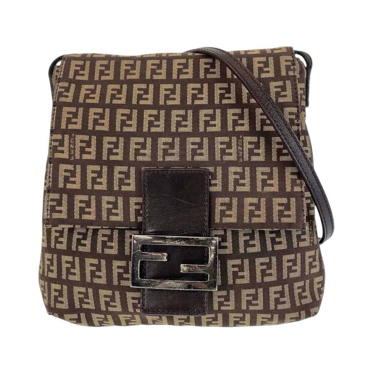 FENDI Shoulder Bag canvas Brown Silver Metal Shoulder Bag pochette Zucchino Kamsepochet Women Used Authentic