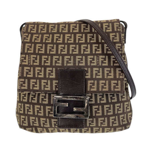 FENDI Shoulder Bag canvas Brown Silver Metal Shoulder Bag pochette Zucchino Kamsepochet Women Used Authentic