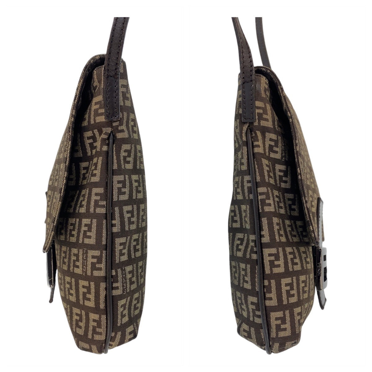 FENDI Shoulder Bag canvas Brown Silver Metal Shoulder Bag pochette Zucchino Kamsepochet Women Used Authentic