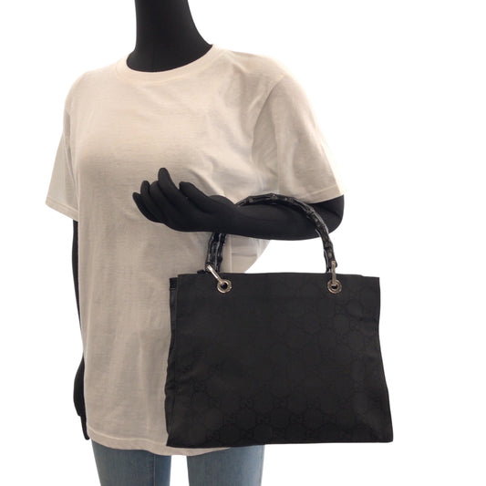 GUCCI Tote Bag 002 1015 GG canvas Black SilverMetal Tote Bag handbag Bamboo Women Used Authentic