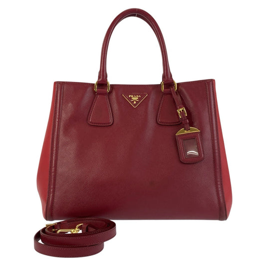 PRADA Tote Bag leather Red Gold Metal Tote Bag Handbag Shoulder Bag 2way Safiano Women Used Authentic