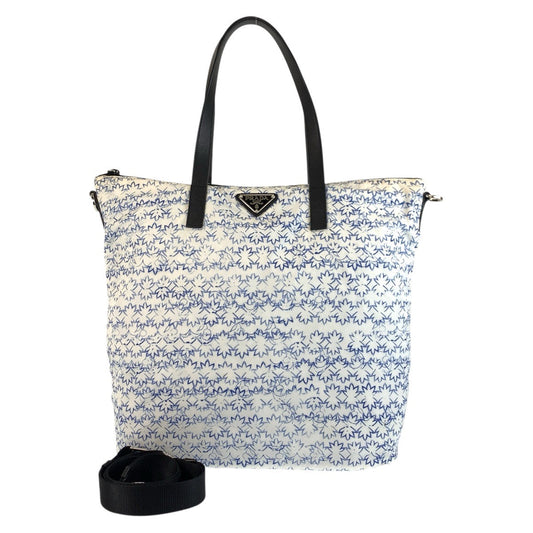 PRADA Tote Bag Nylon, Leather White blue black Tote Bag Shoulder Bag 2way Women Used Authentic