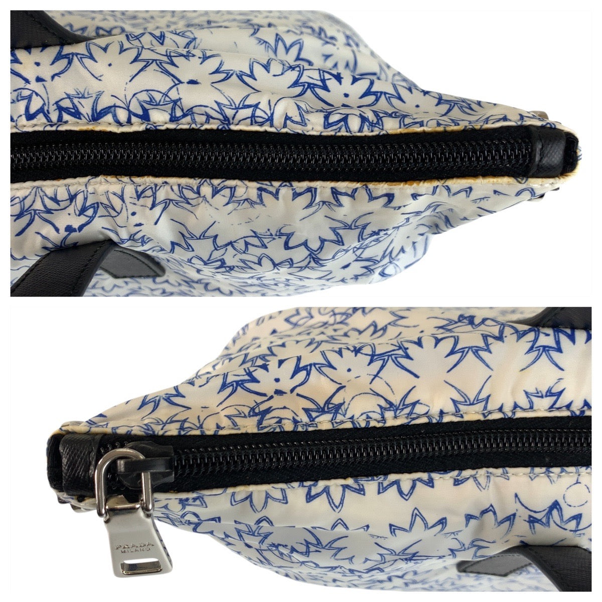 PRADA Tote Bag Nylon, Leather White blue black Tote Bag Shoulder Bag 2way Women Used Authentic