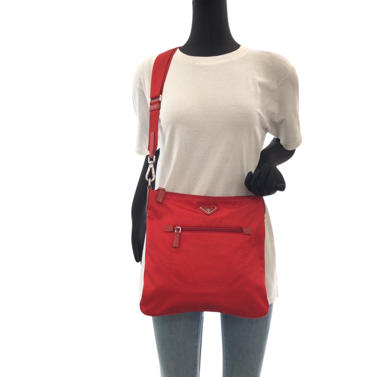PRADA Shoulder Bag Nylon Red Silver Metal Crossbody Shoulder Bag Test Triangle With logo Women Used Authentic