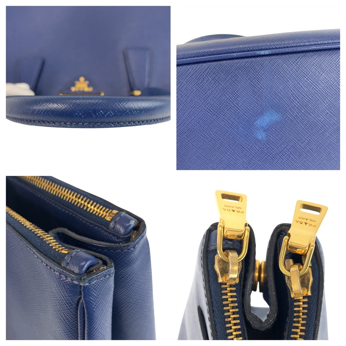 PRADA Handbag BN1786 leather Blue GoldMetal Handbag Tote Bag Safiano Galleria TriangleWith logo Women Used Authentic